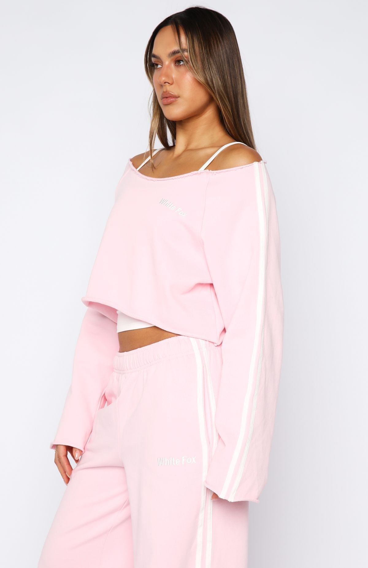Star Student Cropped Off Shoulder Sweater PinkXS/S