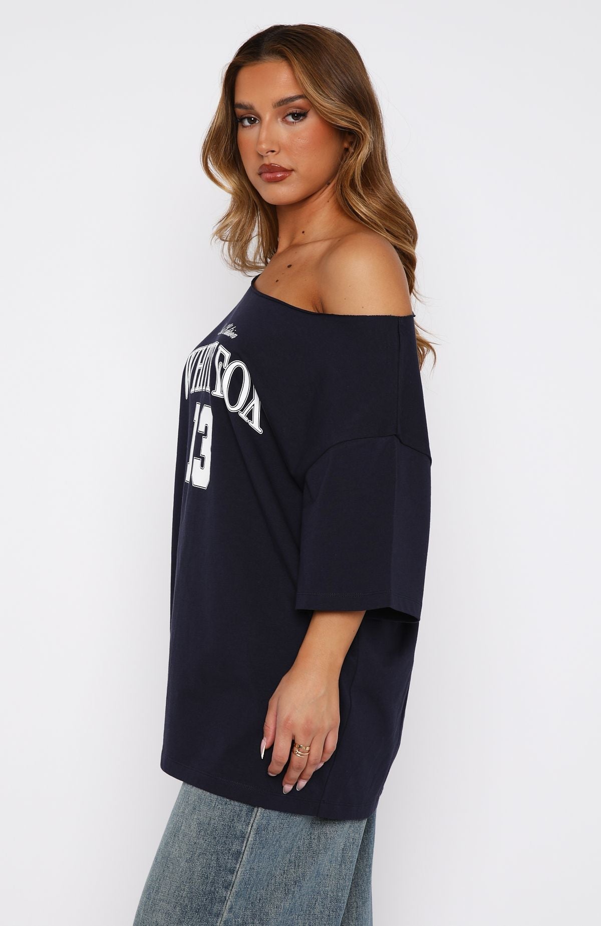 Everything In Time Off Shoulder Oversized Tee NavyXS/S