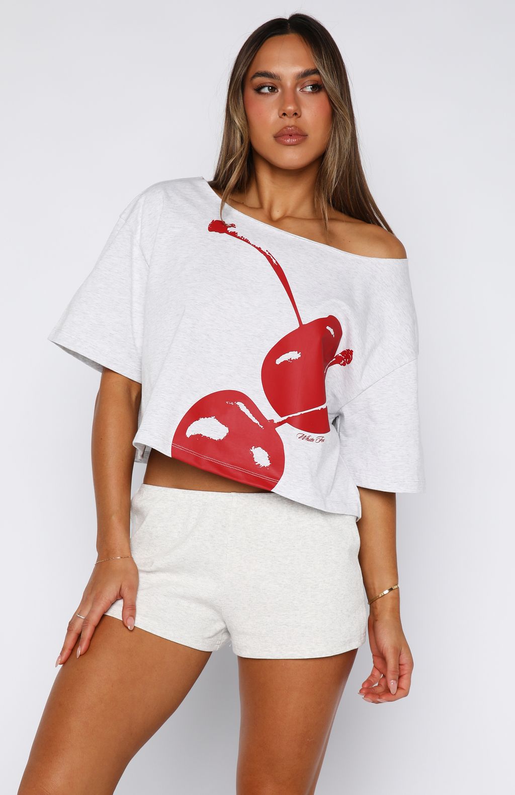 Just In Time Off Shoulder Cropped Tee Grey MarleXS/S