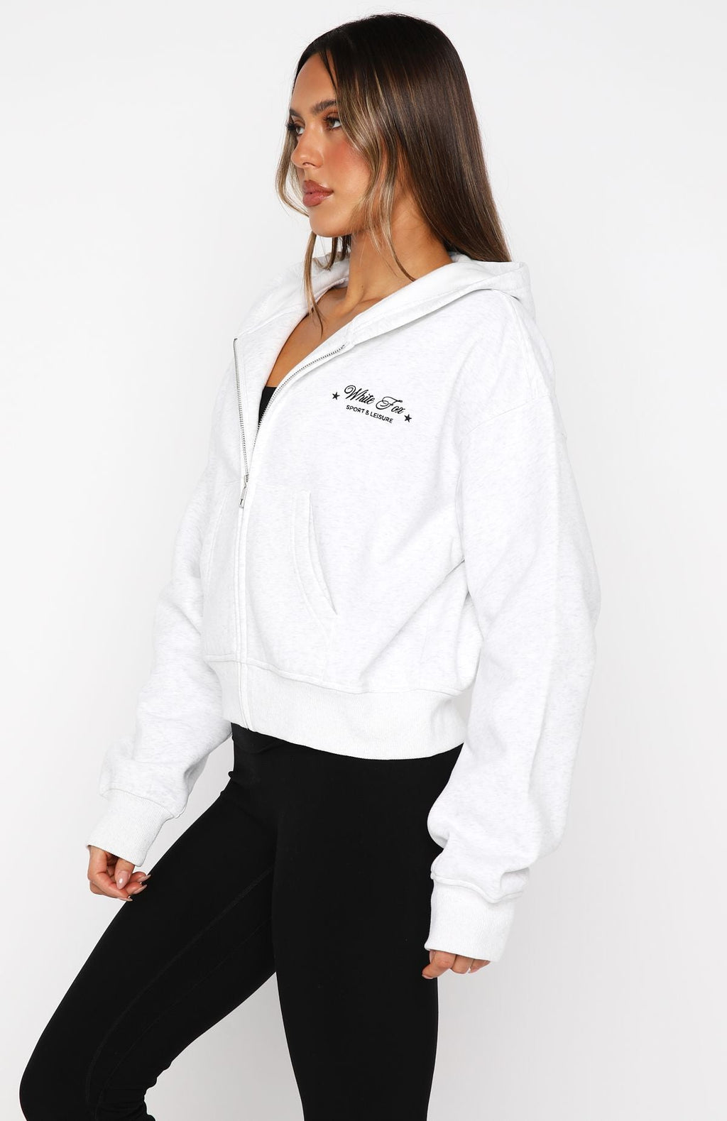 Just Try Again Boxy Zip Front Hoodie Grey MarleS/M