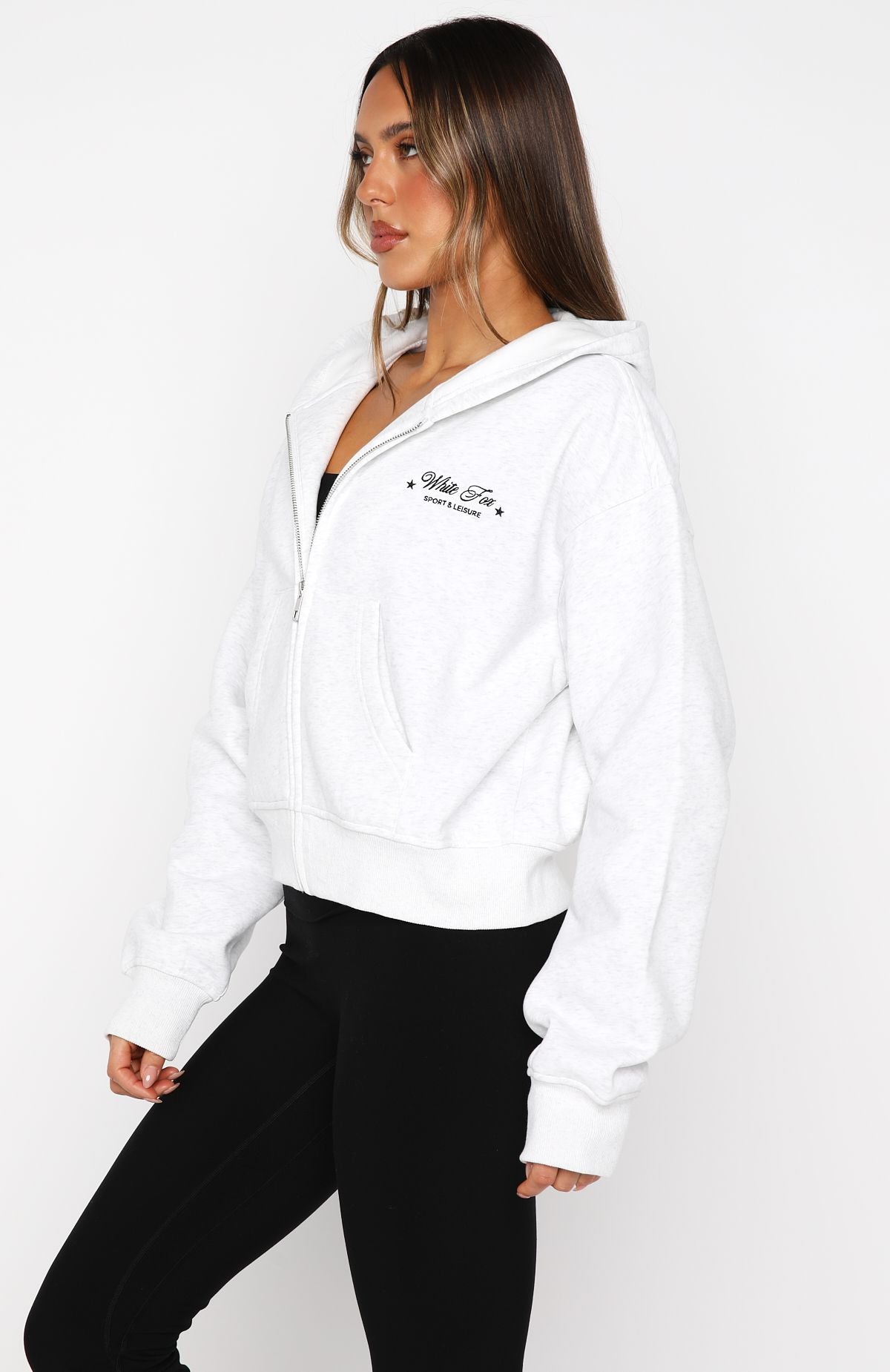 Just Try Again Boxy Zip Front Hoodie Grey MarleS/M