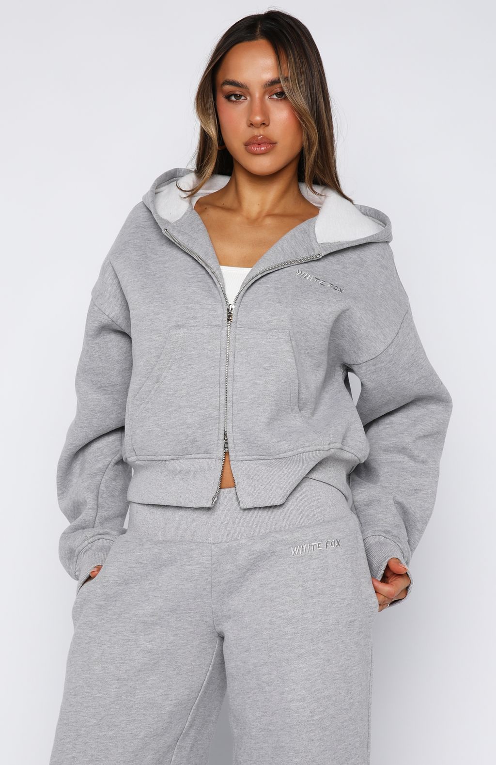Come A Long Way Boxy Zip Front Hoodie Grey MarleXS/S