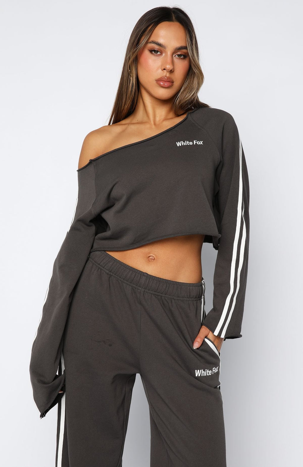 Star Student Cropped Off Shoulder Sweater CharcoalXXS/XS