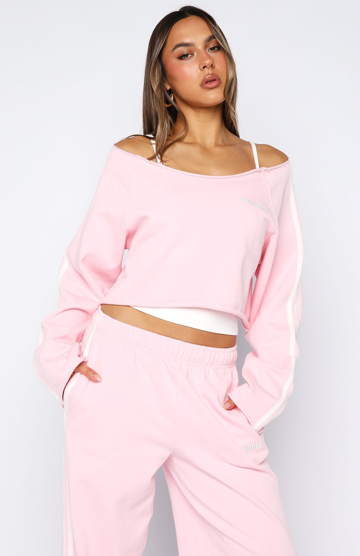 Star Student Cropped Off Shoulder Sweater PinkL/XL