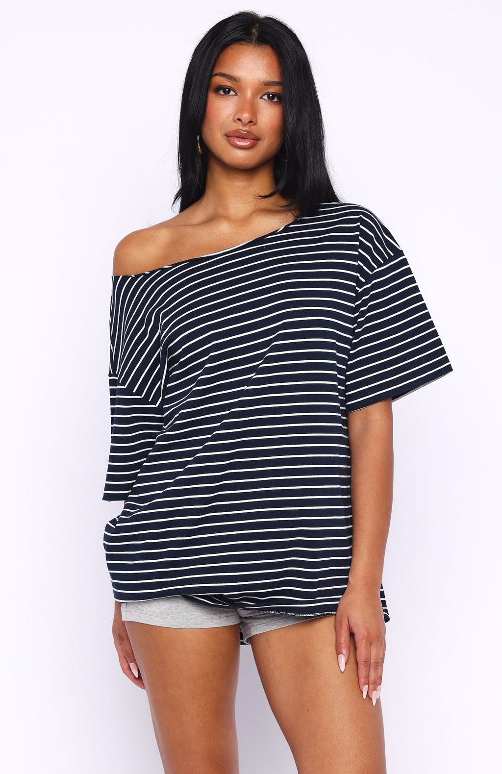 Give Me Options Off Shoulder Tee Navy\/White StripeS/M