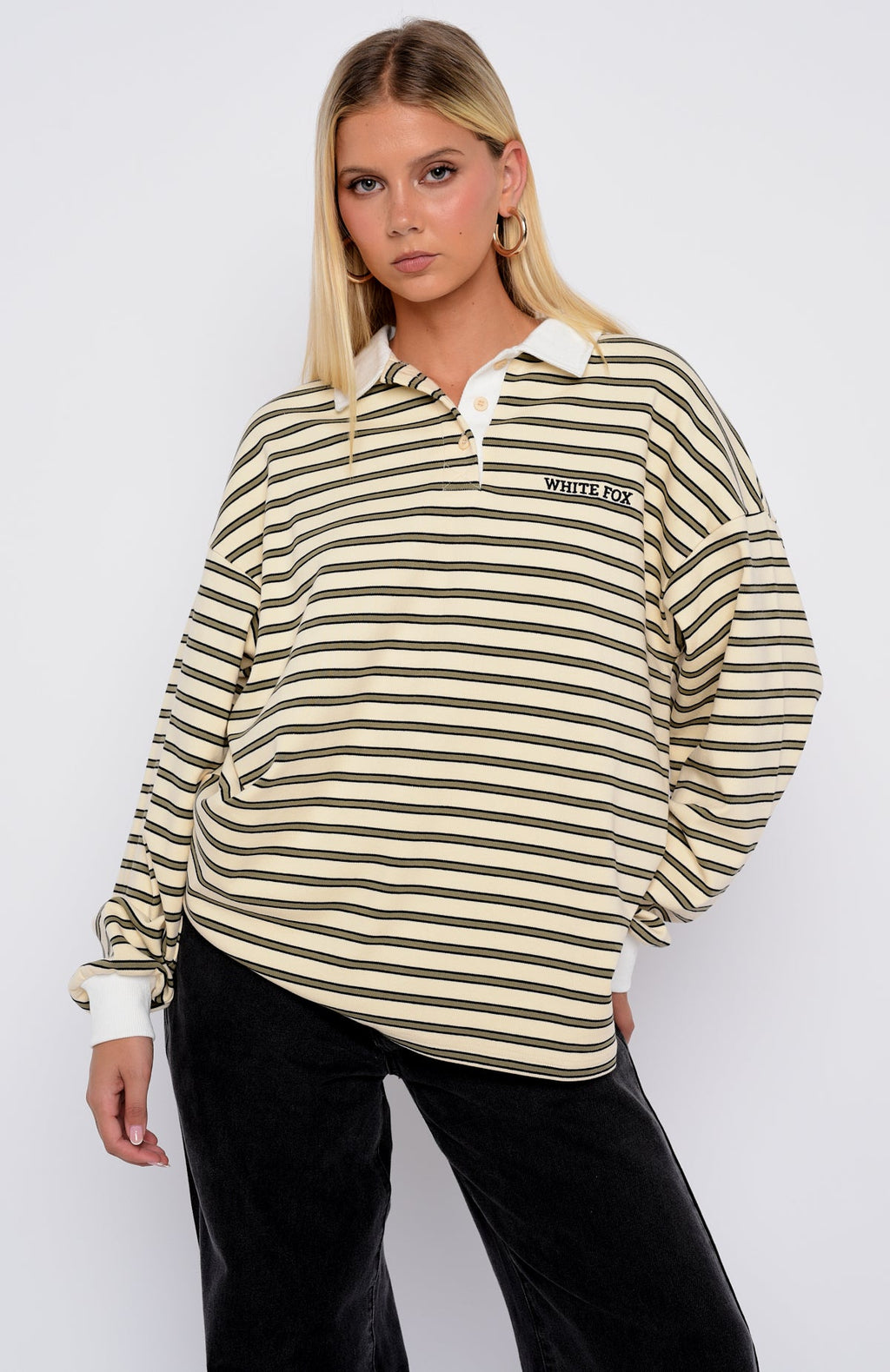 Out Again Long Sleeve Rugby Shirt Cream\/Olive StripeXS/S