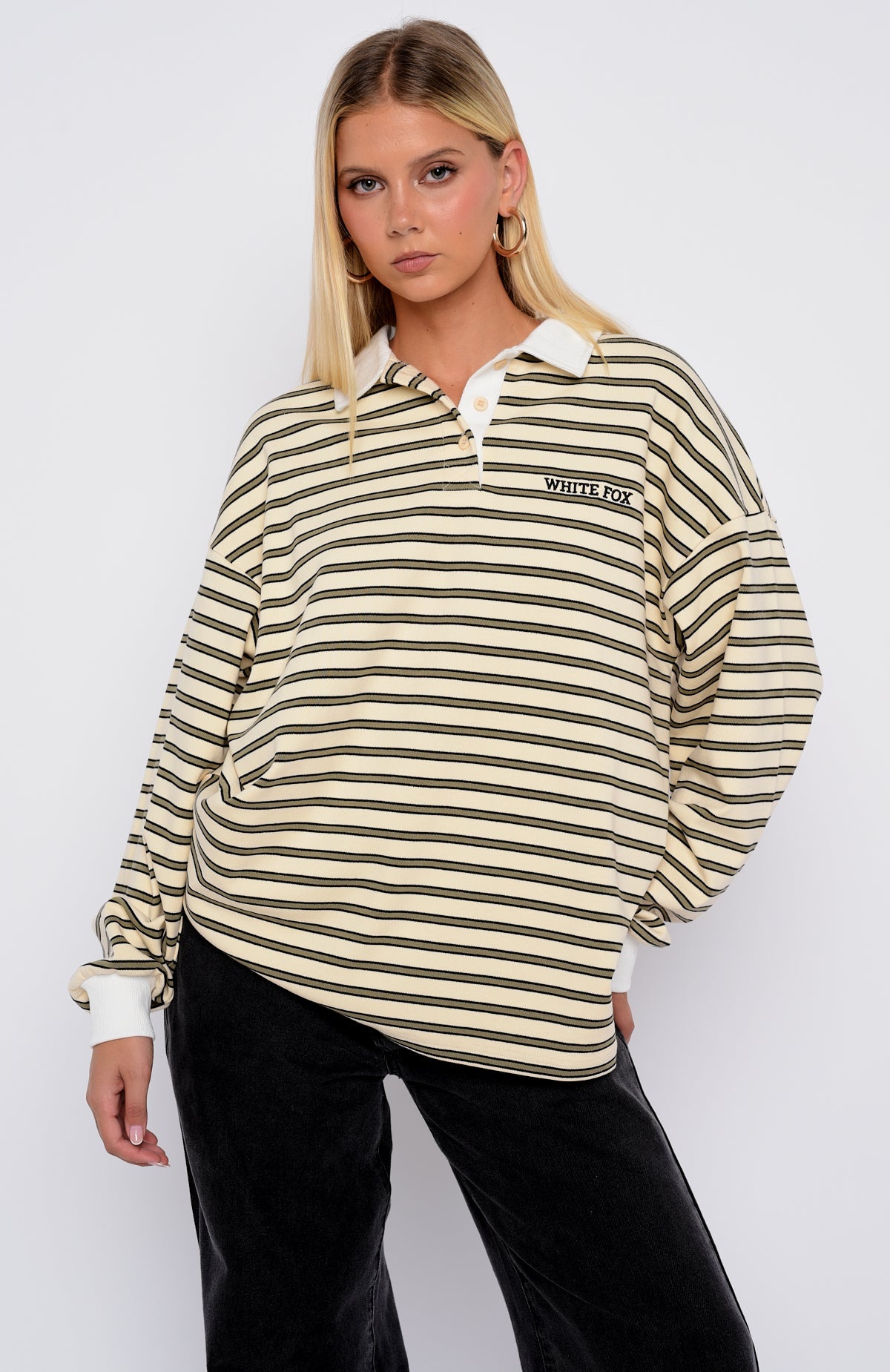 Out Again Long Sleeve Rugby Shirt Cream\/Olive StripeXS/S