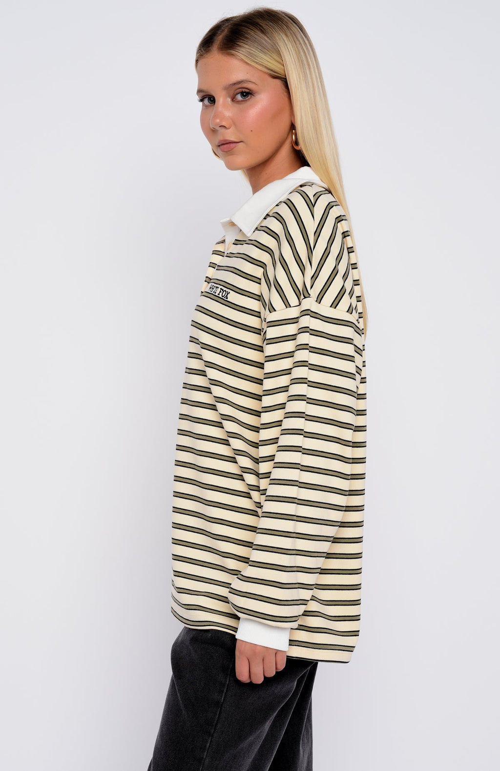 Out Again Long Sleeve Rugby Shirt Cream\/Olive StripeS/M