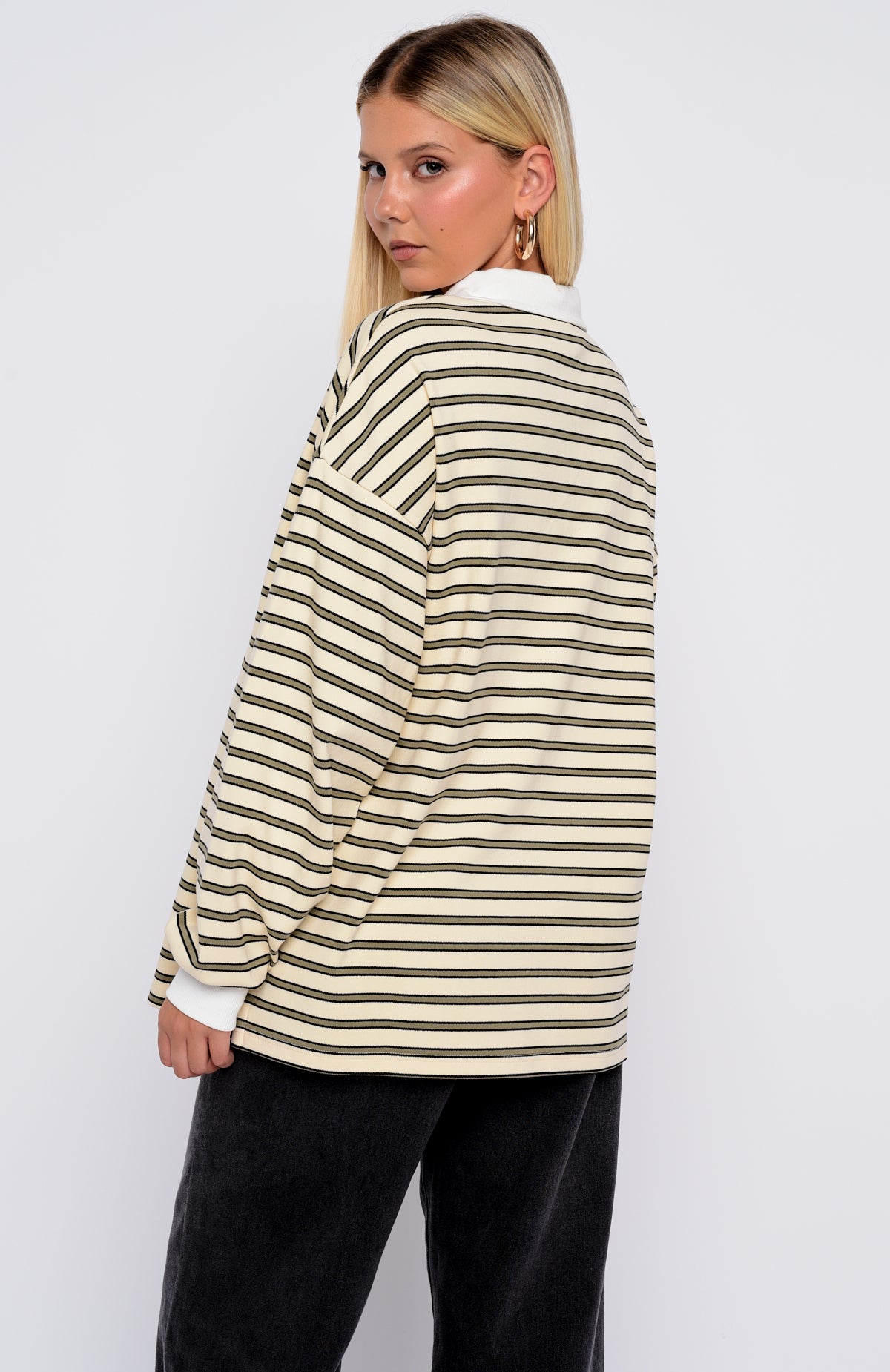 Out Again Long Sleeve Rugby Shirt Cream\/Olive StripeM/L
