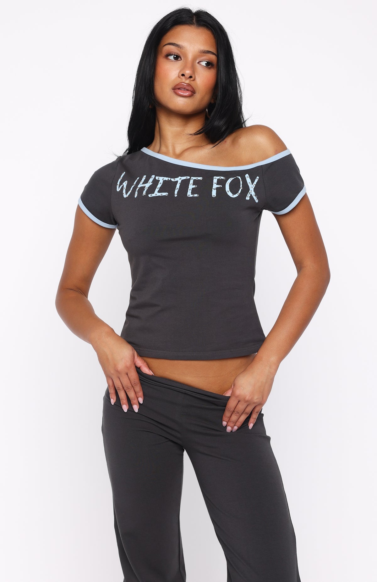 Good Things Take Time Off Shoulder Relaxed Tee CharcoalXS