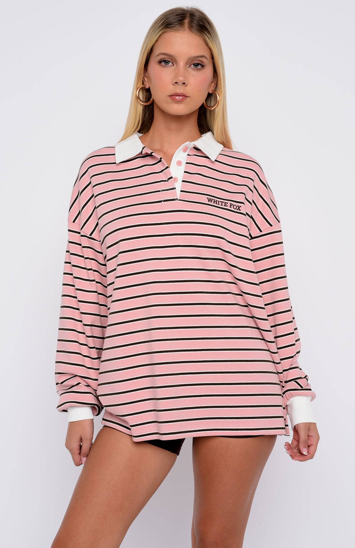 Out Again Long Sleeve Rugby Shirt Pink\/Chocolate StripeXS/S