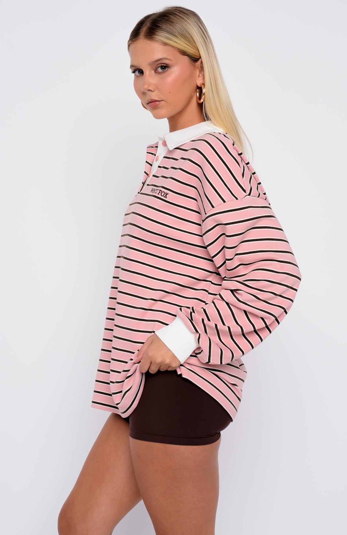 Out Again Long Sleeve Rugby Shirt Pink\/Chocolate StripeS/M