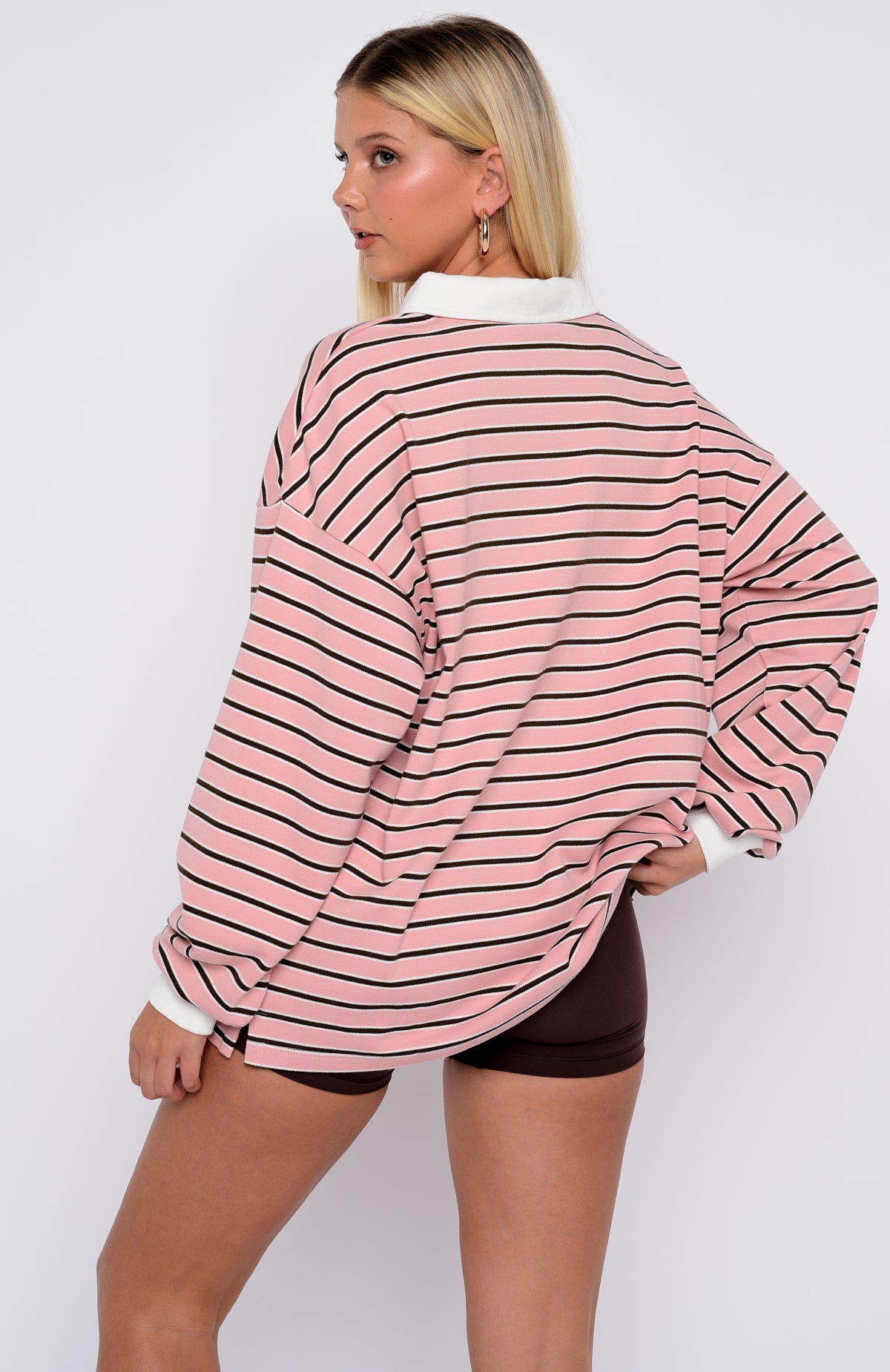 Out Again Long Sleeve Rugby Shirt Pink\/Chocolate StripeM/L