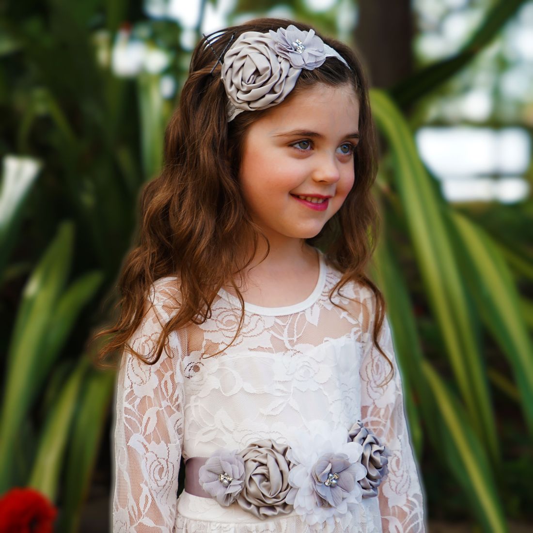 Floral Sash Belt & Headband - Grey