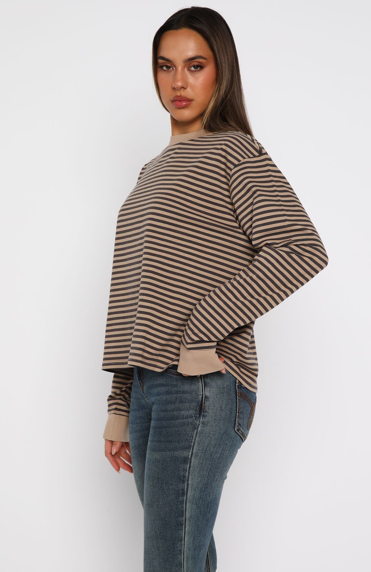 Catch The Drift Long Sleeve Tee Chocolate\/Tan StripeM/L
