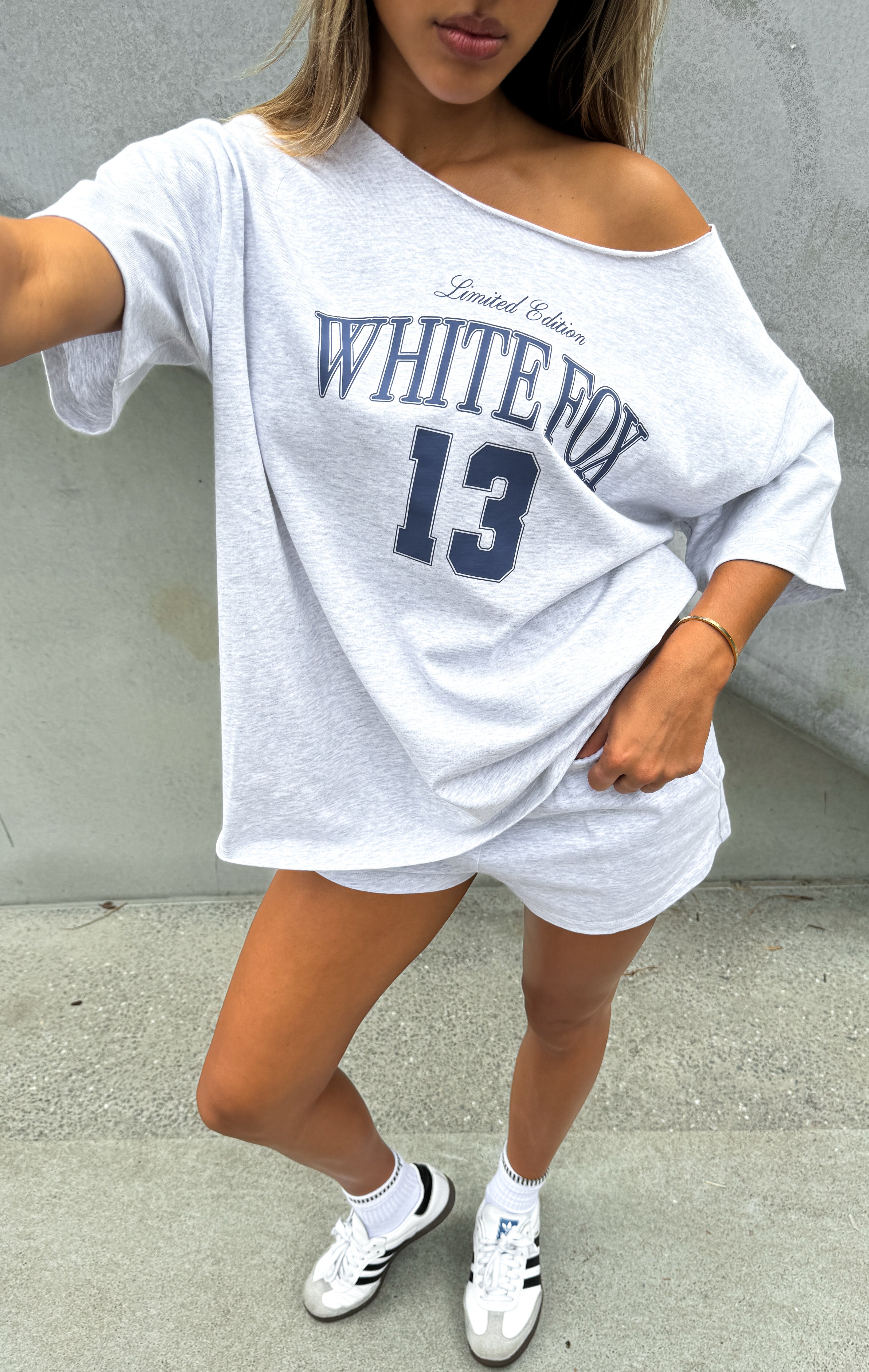 Everything In Time Off Shoulder Oversized Tee Grey MarleM/L