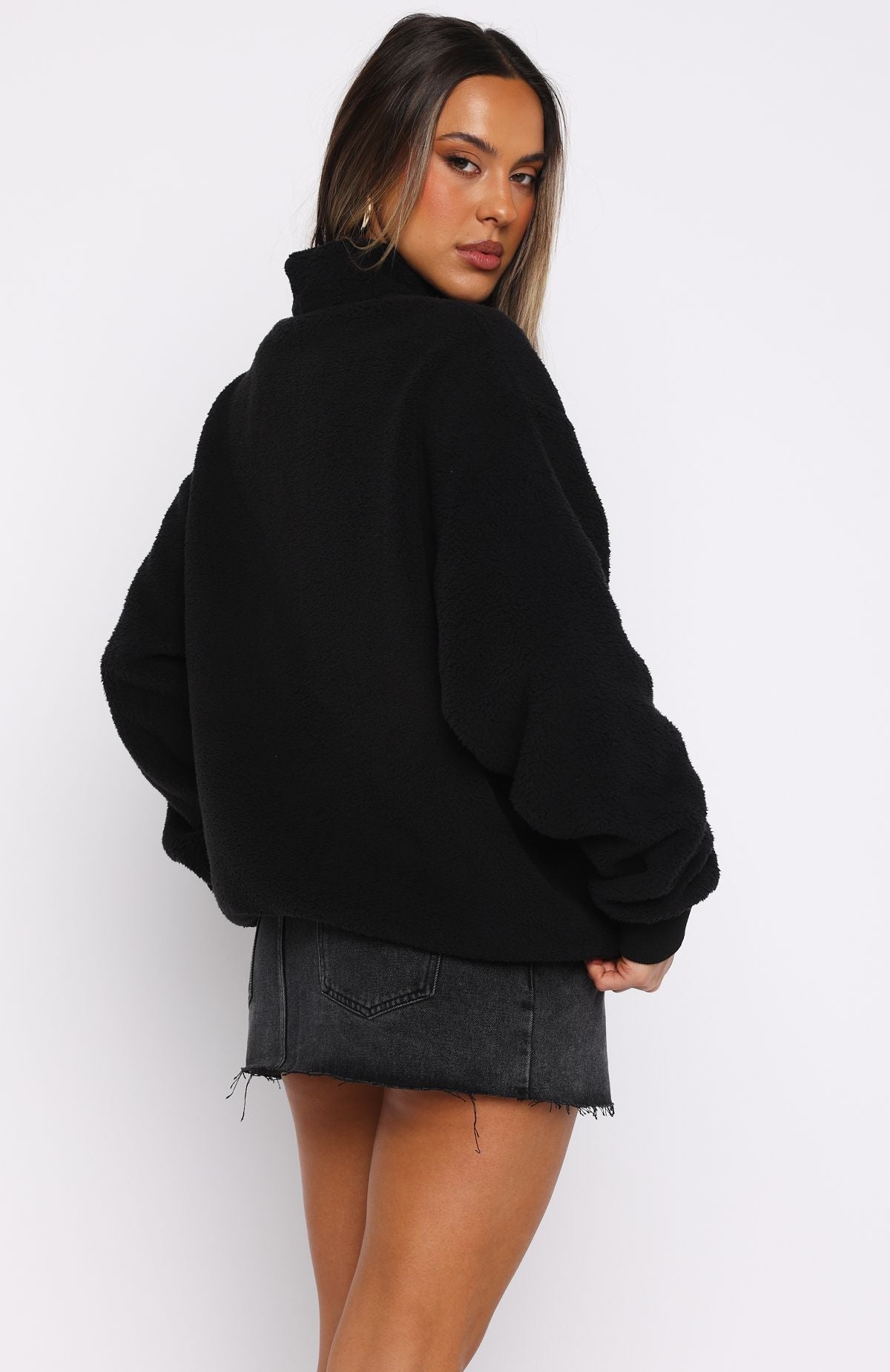 Hard To Stay Focused Teddy Borg Zip Front Sweater BlackL/XL