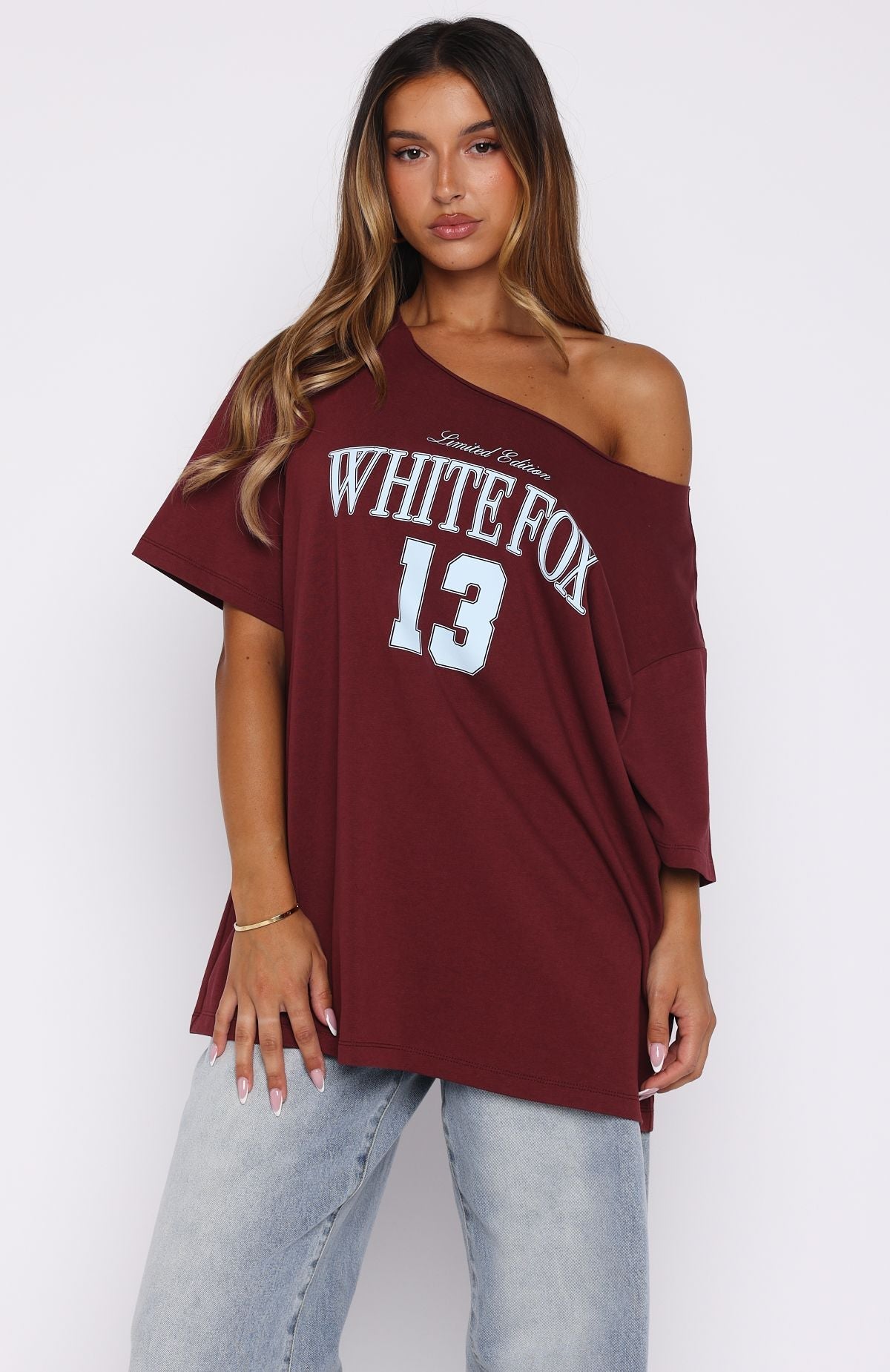 Everything In Time Off Shoulder Oversized Tee BurgundyXXS/XS
