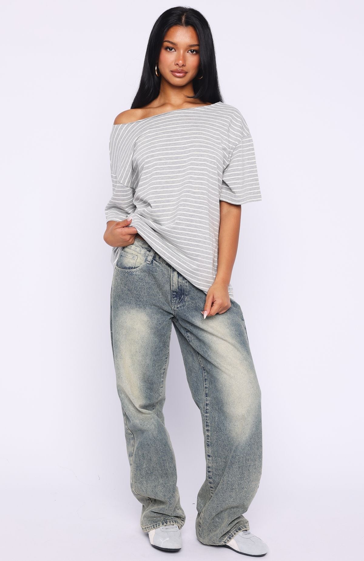 Give Me Options Off Shoulder Tee Grey\/White StripeL/XL