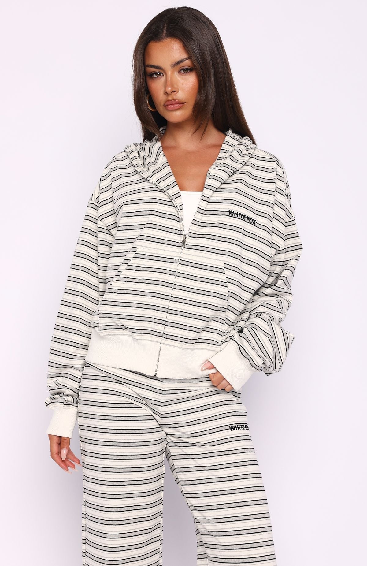 Looking Back Boxy Zip Front Hoodie White StripeXS/S