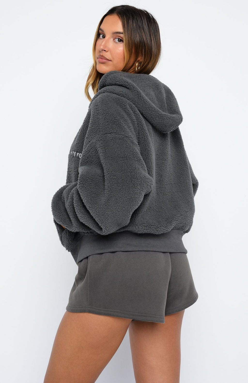 Always First Teddy Borg Boxy Zip Front Hoodie CharcoalS/M