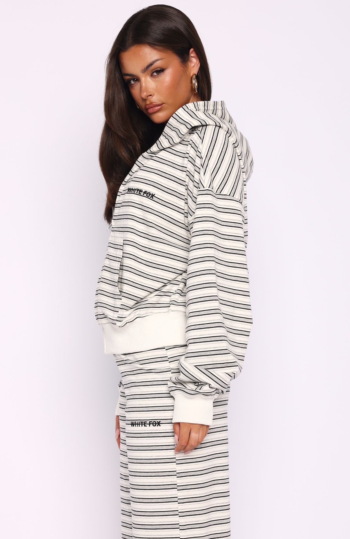 Looking Back Boxy Zip Front Hoodie White StripeS/M