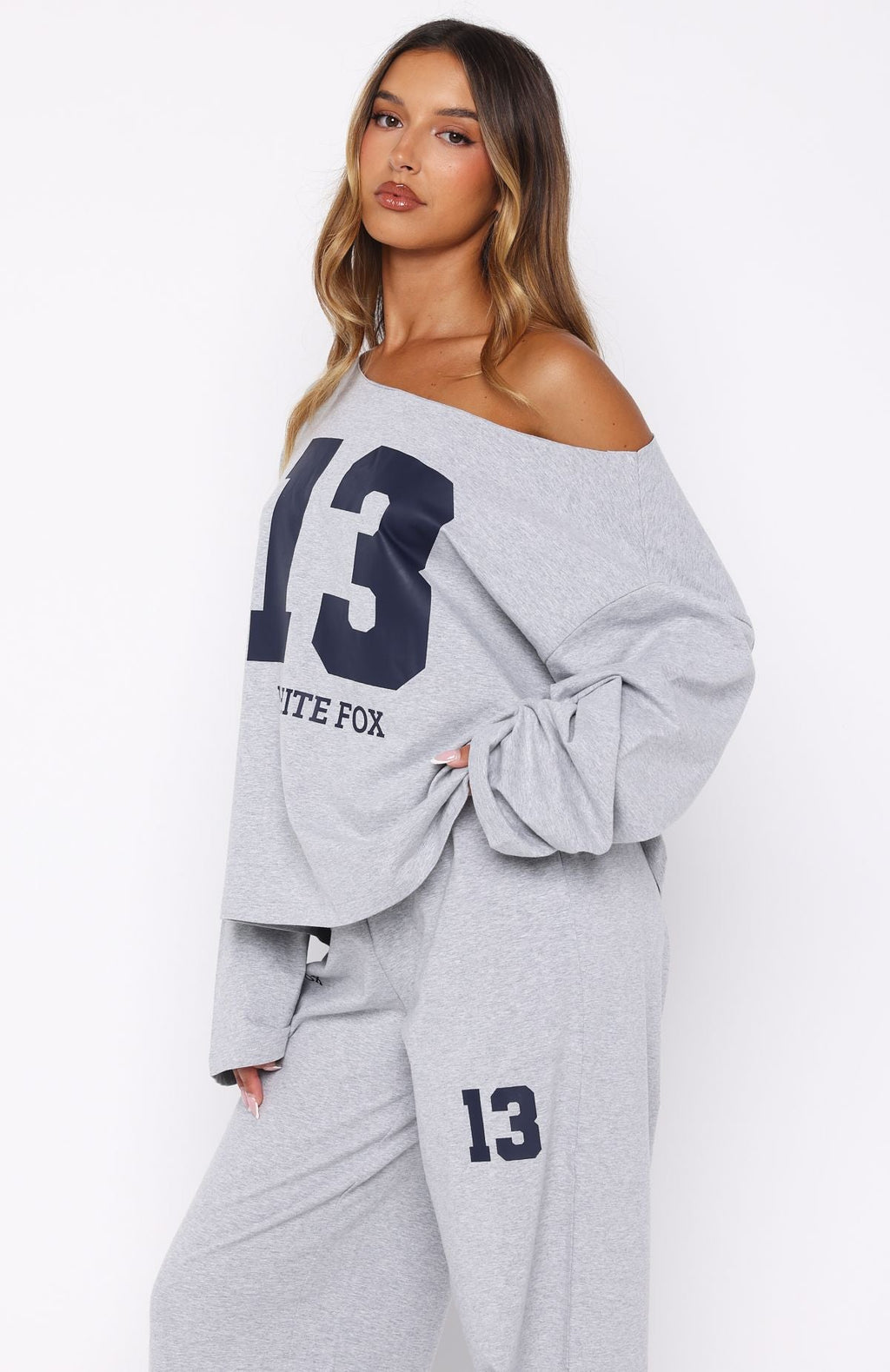 Only One Left Off Shoulder Oversized Long Sleeve Tee Grey MarleXS/S