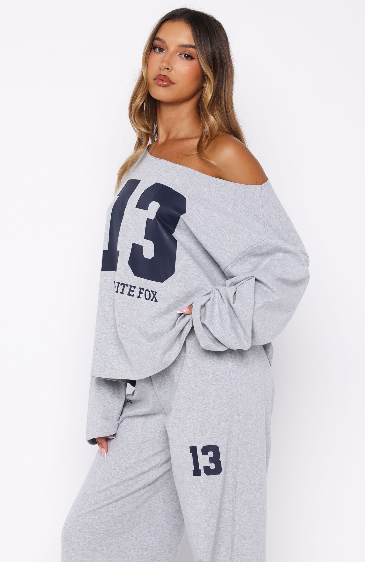 Only One Left Off Shoulder Oversized Long Sleeve Tee Grey MarleXS/S