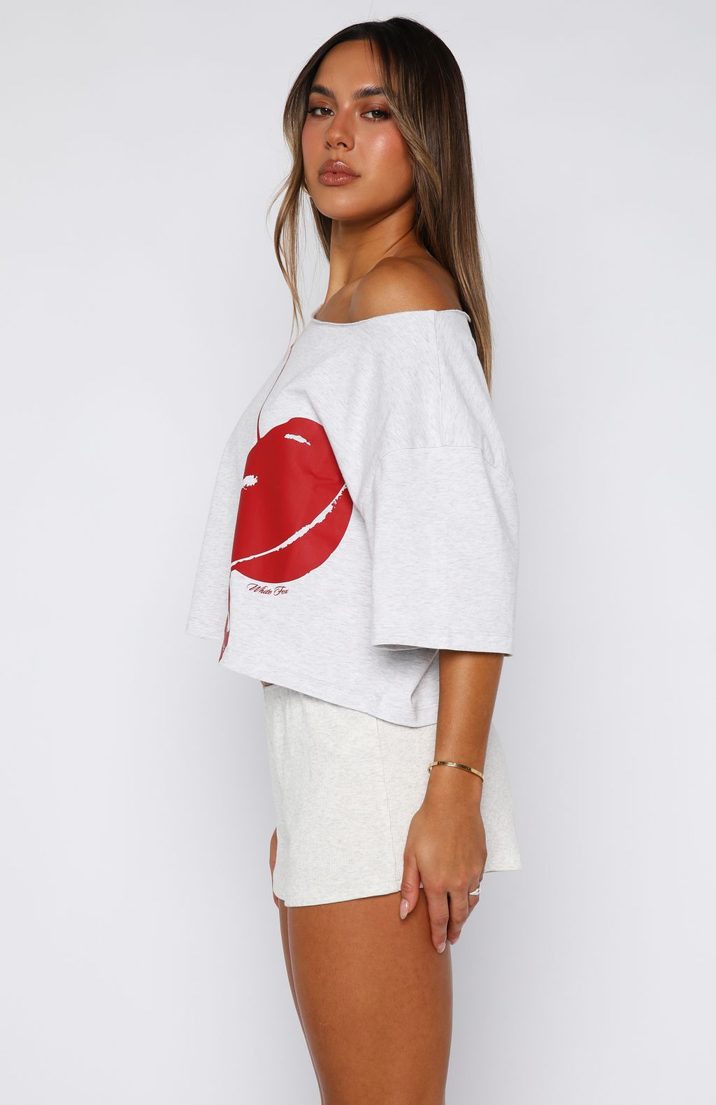 Just In Time Off Shoulder Cropped Tee Grey MarleS/M