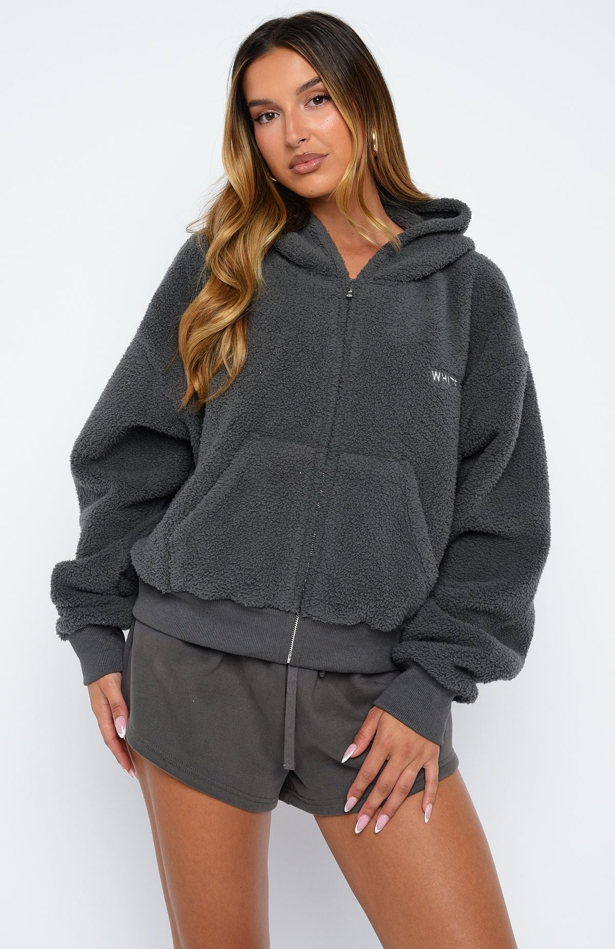 Always First Teddy Borg Boxy Zip Front Hoodie CharcoalXXS/XS
