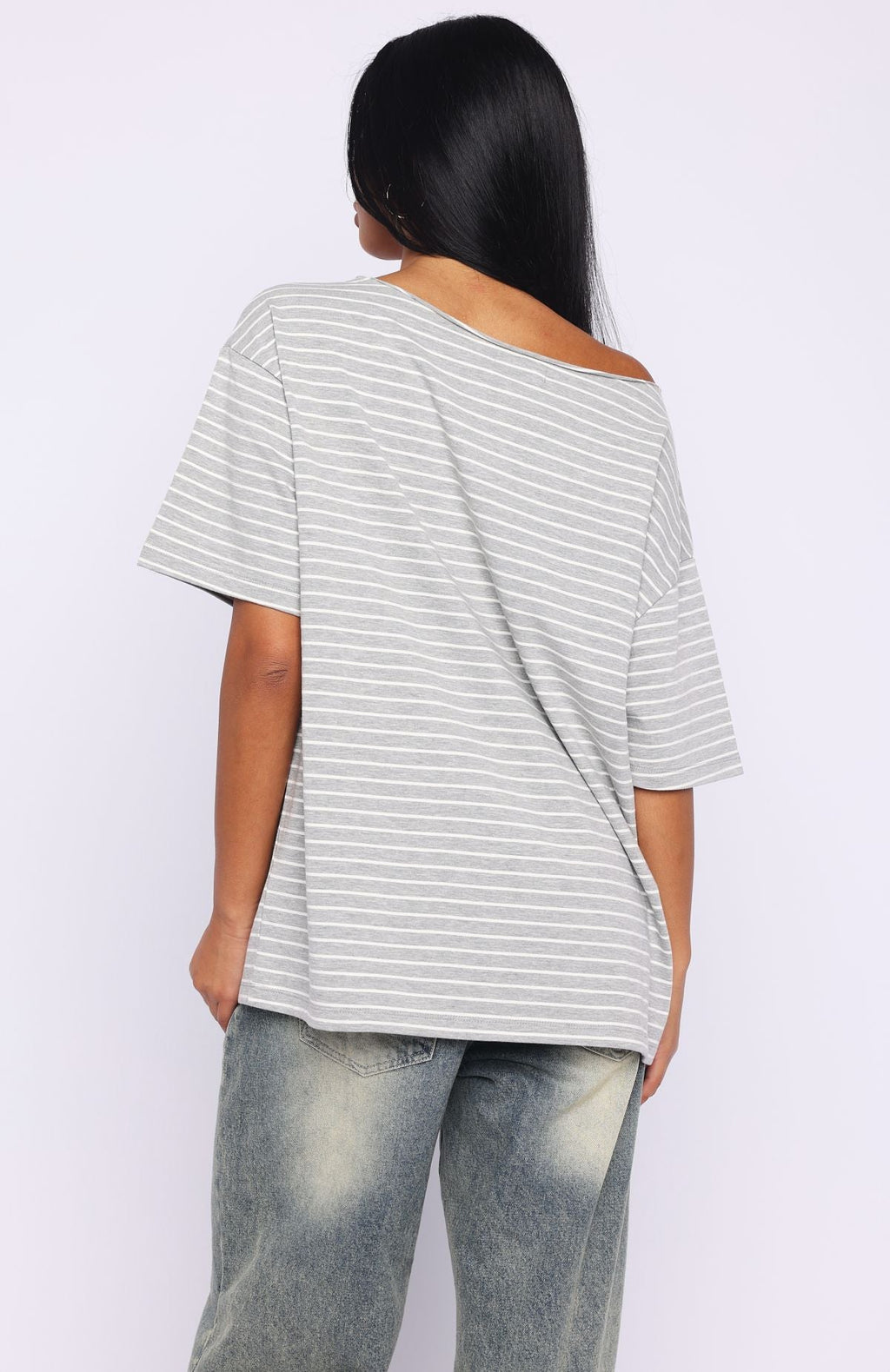 Give Me Options Off Shoulder Tee Grey\/White StripeM/L