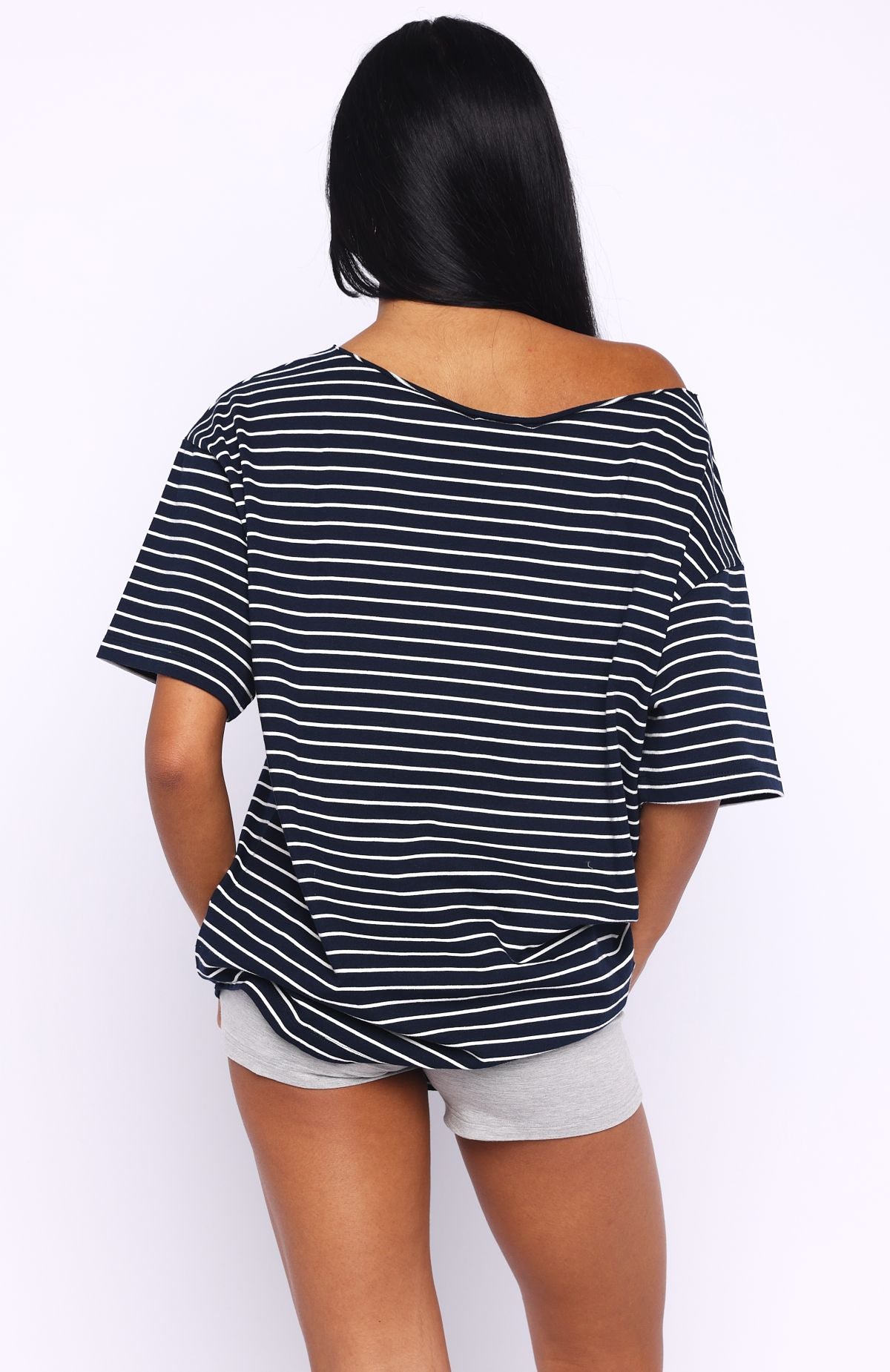 Give Me Options Off Shoulder Tee Navy\/White StripeL/XL