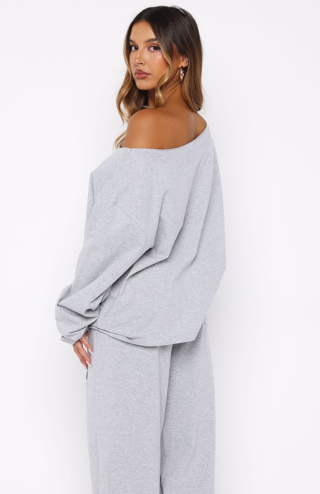 Only One Left Off Shoulder Oversized Long Sleeve Tee Grey MarleS/M
