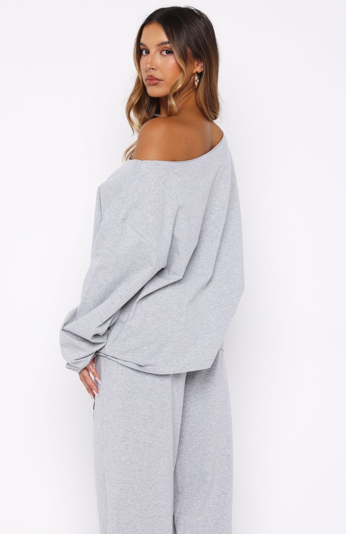 Only One Left Off Shoulder Oversized Long Sleeve Tee Grey MarleS/M