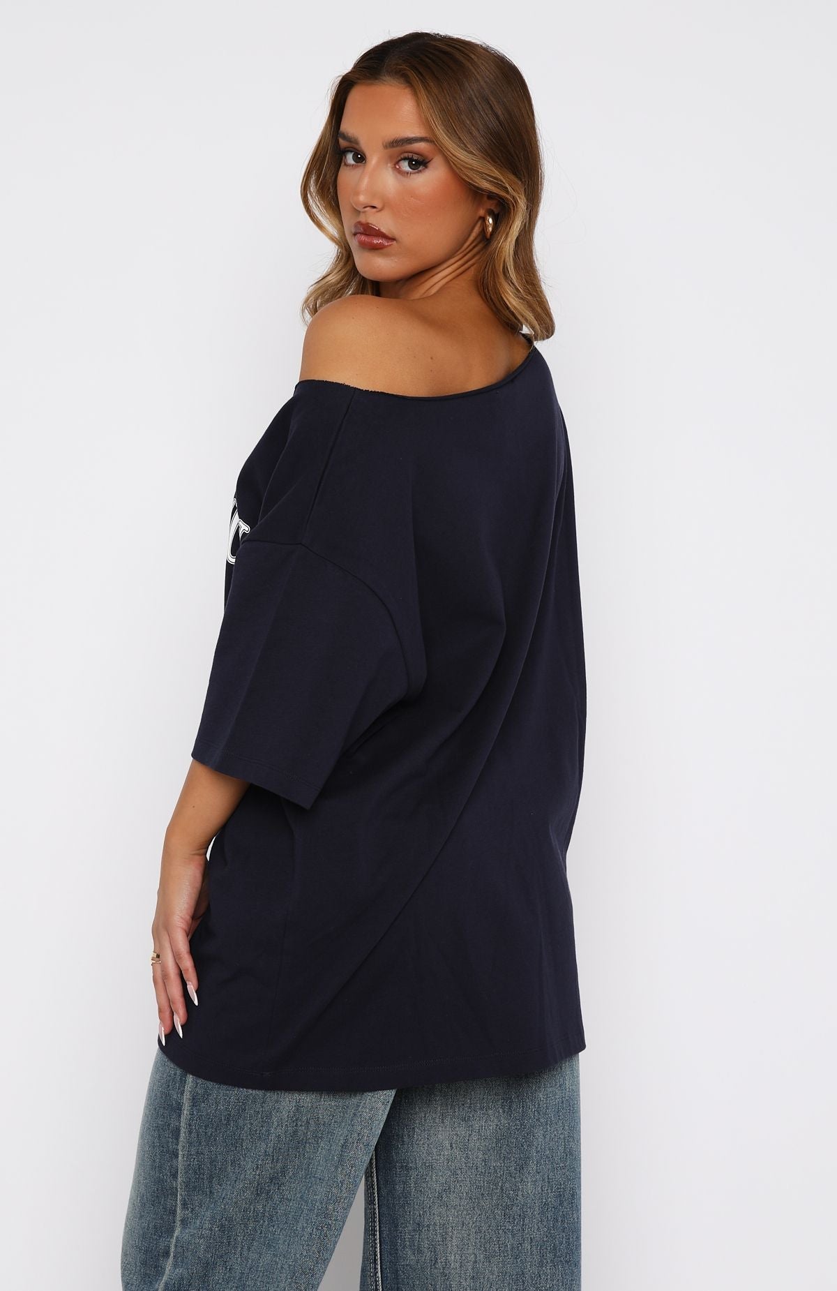 Everything In Time Off Shoulder Oversized Tee NavyS/M