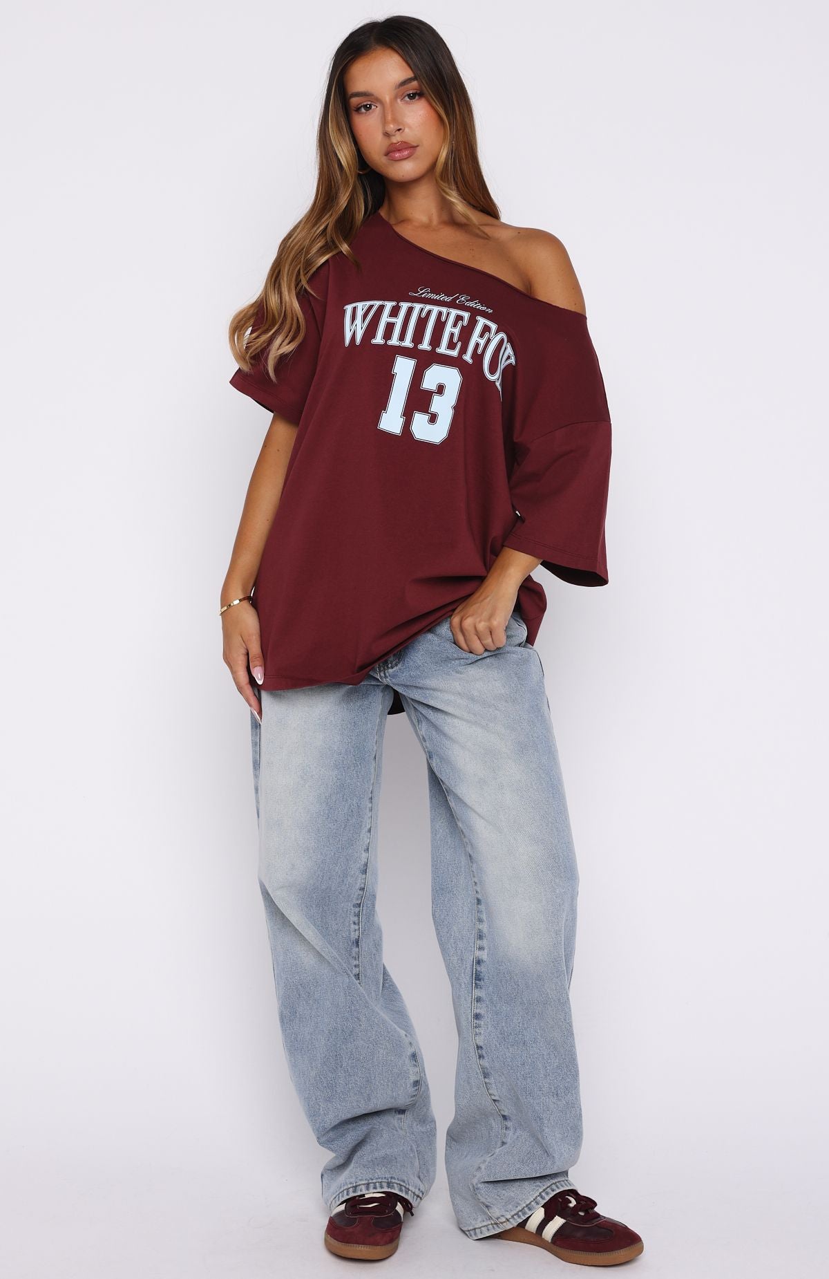Everything In Time Off Shoulder Oversized Tee BurgundyM/L