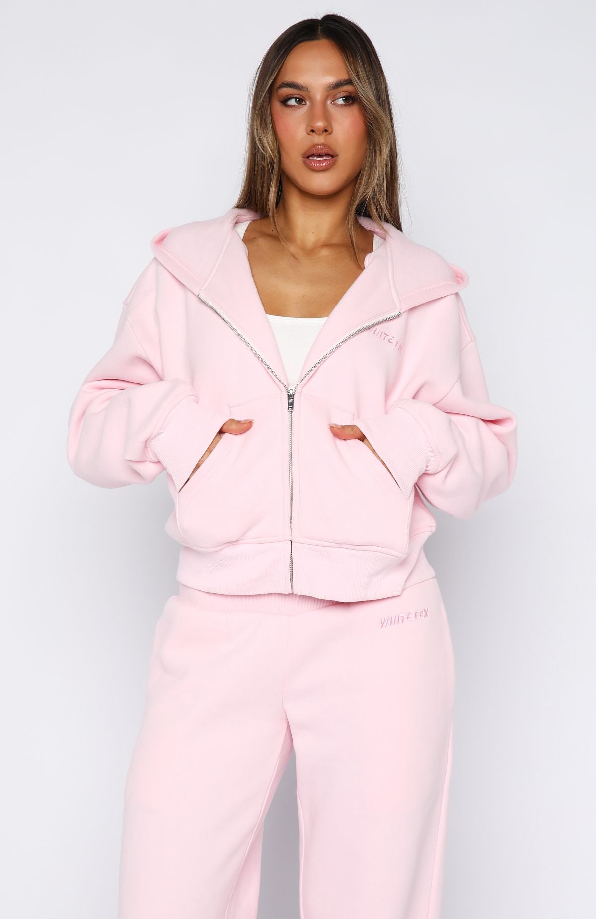 Come A Long Way Boxy Zip Front Hoodie PinkXS/S