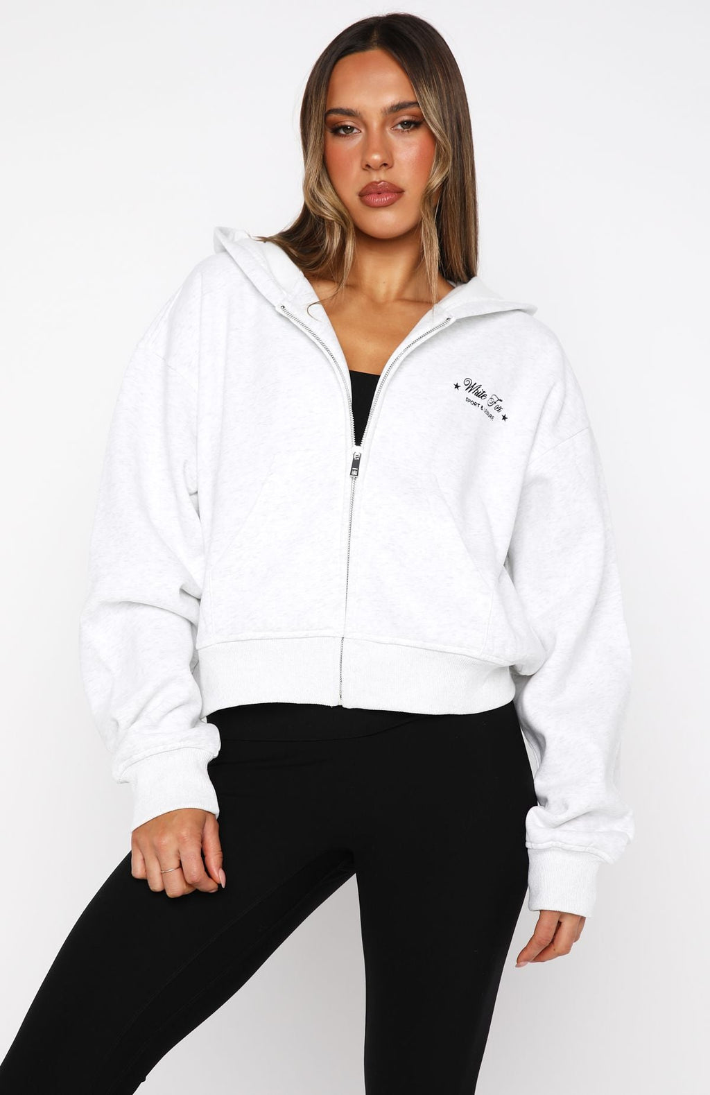 Just Try Again Boxy Zip Front Hoodie Grey MarleXS/S
