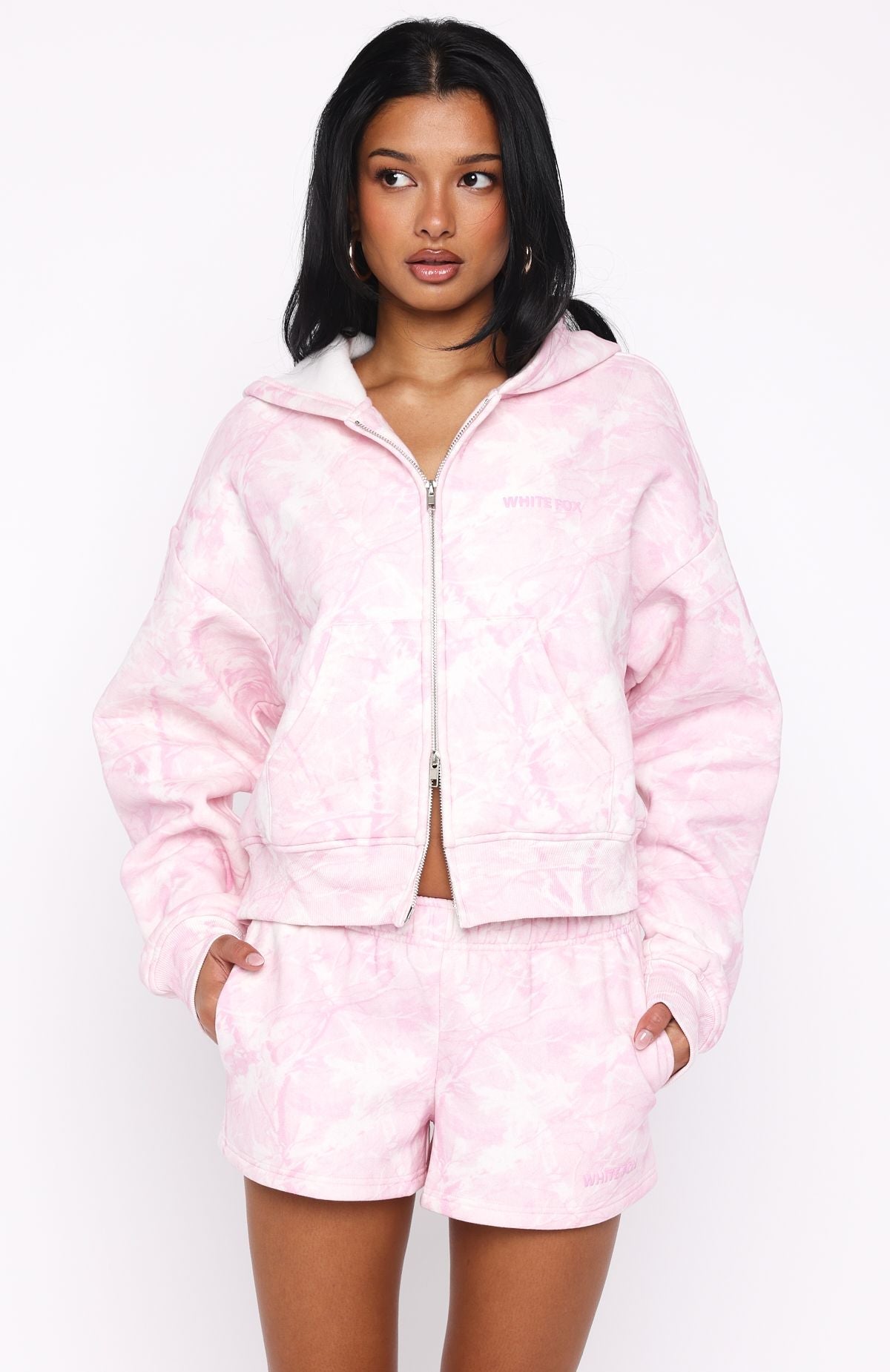 Hiding Away Boxy Zip Front Hoodie Pink CamoXXS/XS