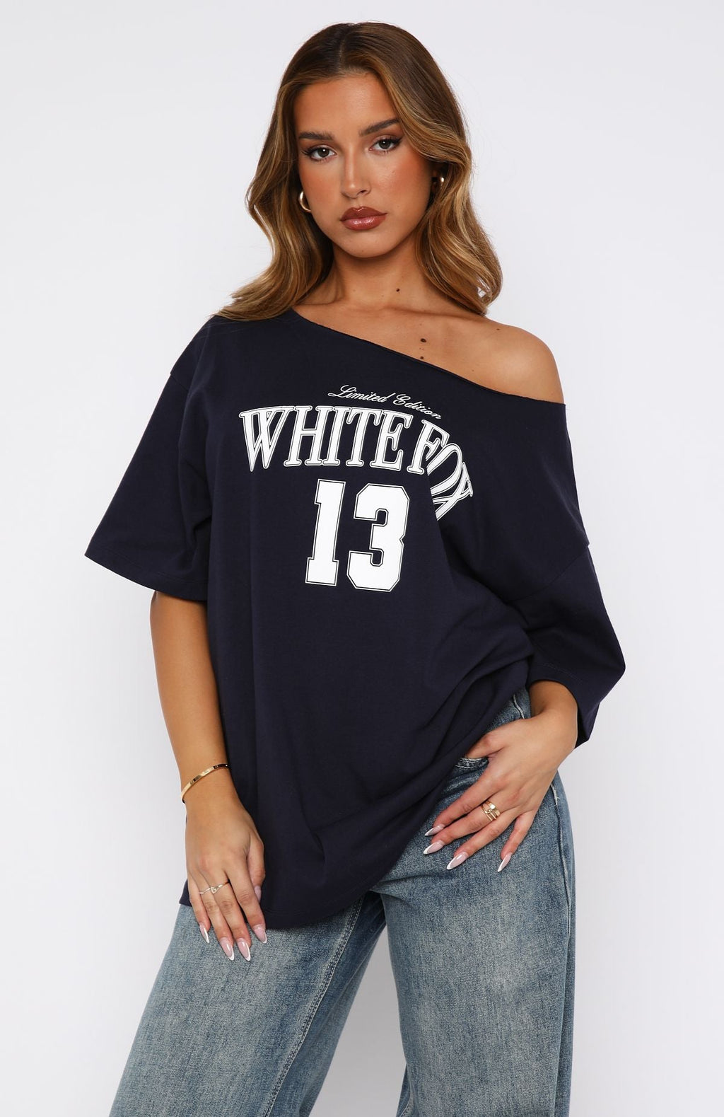 Everything In Time Off Shoulder Oversized Tee NavyXXS/XS