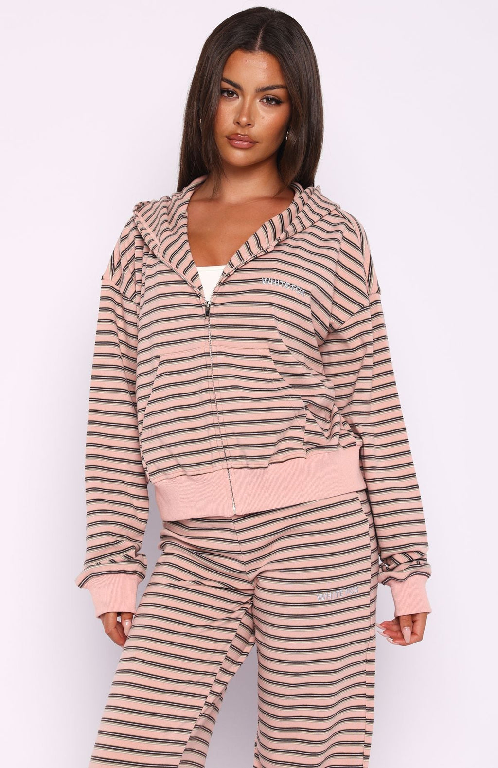 Looking Back Boxy Zip Front Hoodie Pink StripeS/M