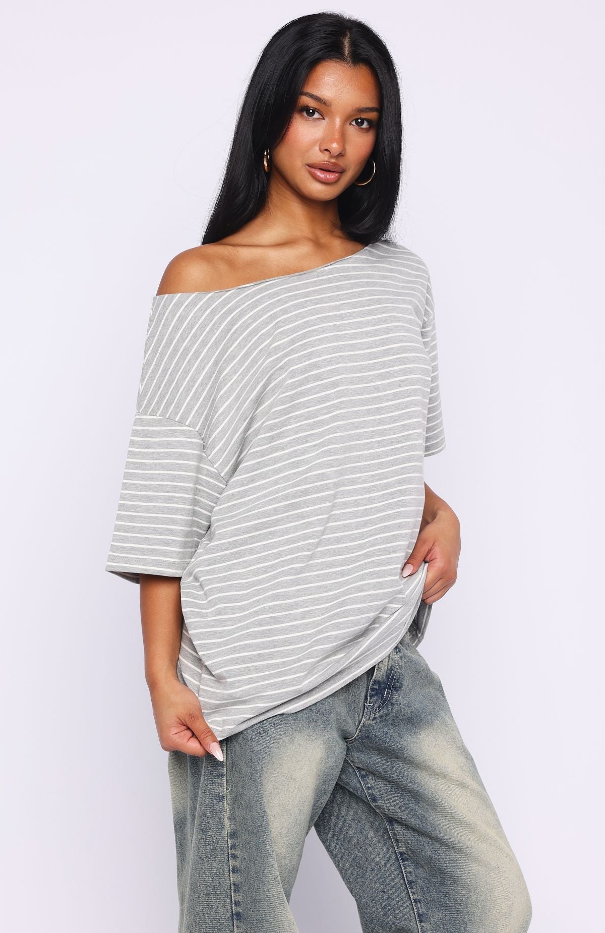 Give Me Options Off Shoulder Tee Grey\/White StripeS/M