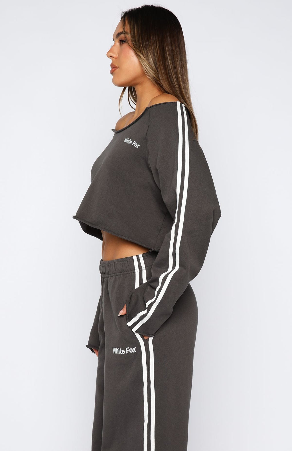 Star Student Cropped Off Shoulder Sweater CharcoalXS/S