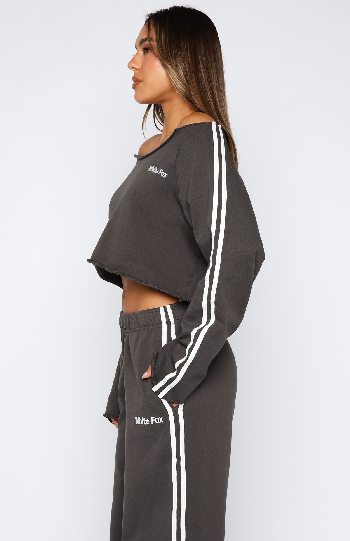 Star Student Cropped Off Shoulder Sweater CharcoalXS/S