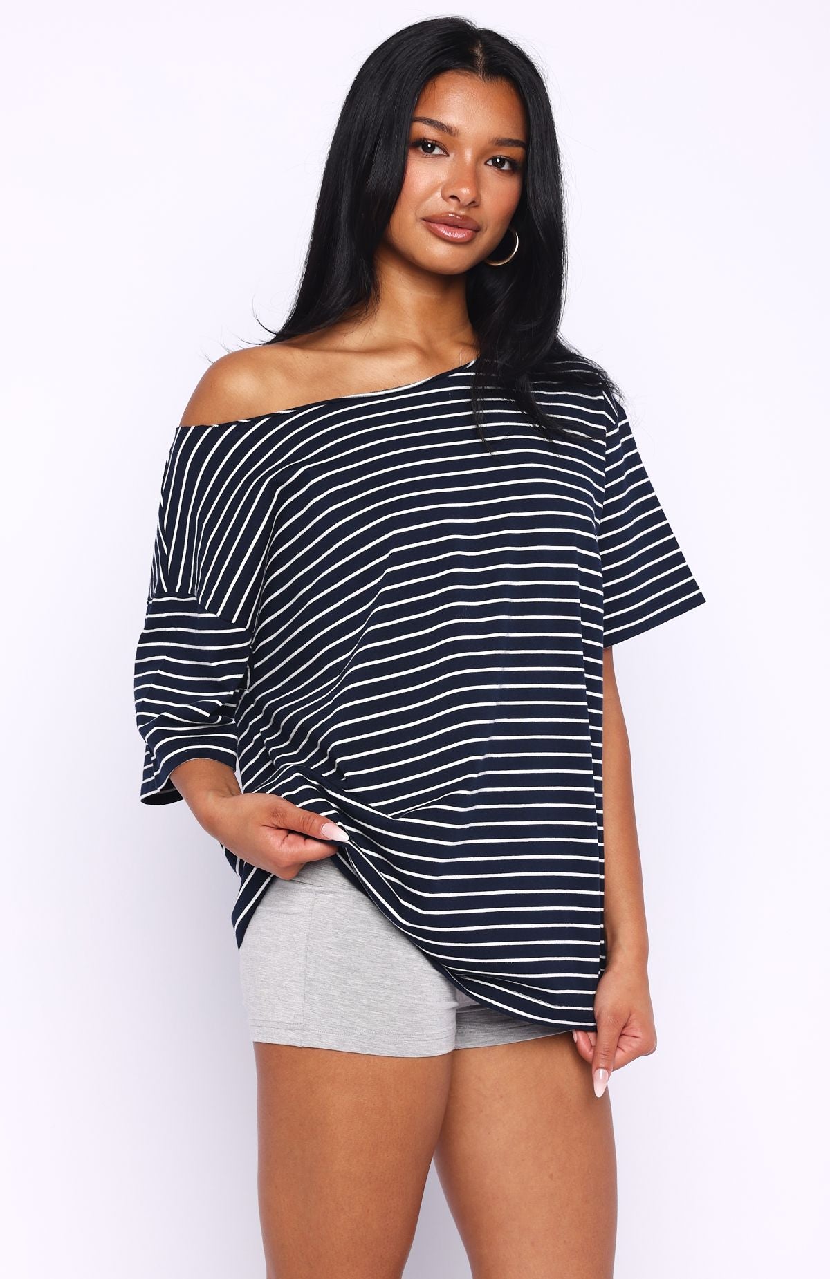 Give Me Options Off Shoulder Tee Navy\/White StripeM/L
