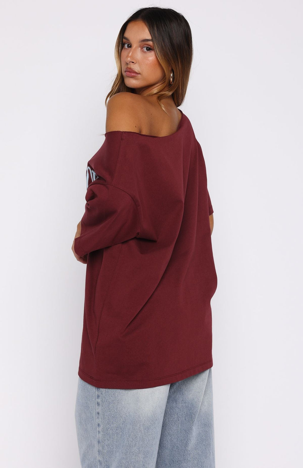 Everything In Time Off Shoulder Oversized Tee BurgundyS/M