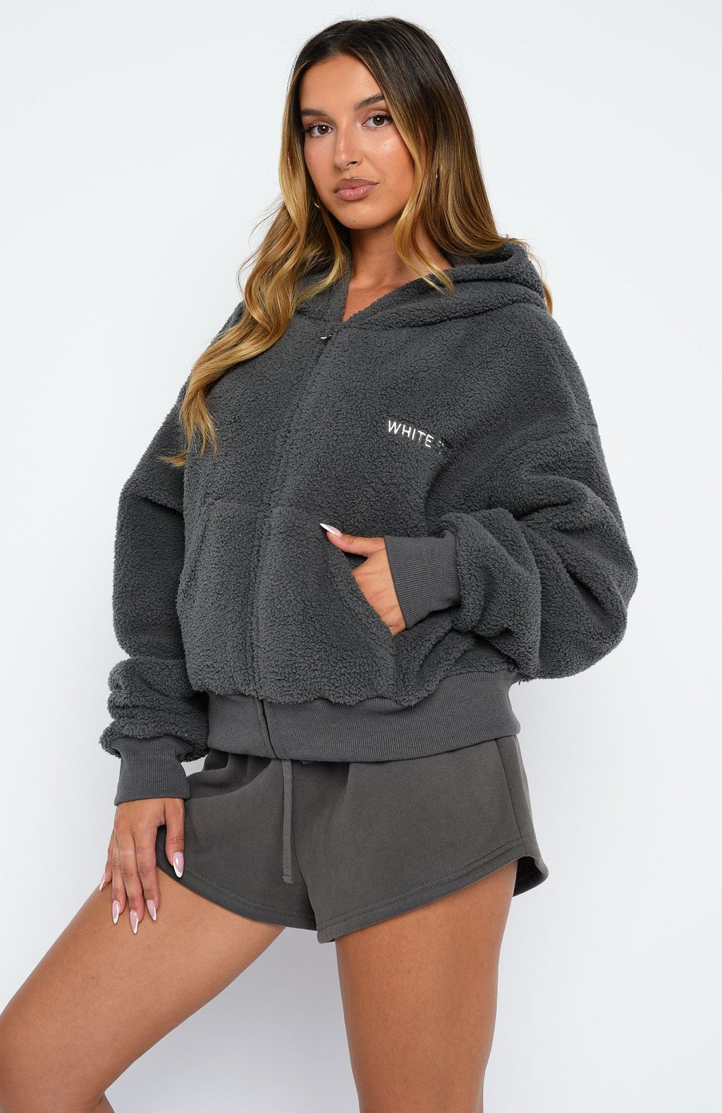 Always First Teddy Borg Boxy Zip Front Hoodie CharcoalXS/S