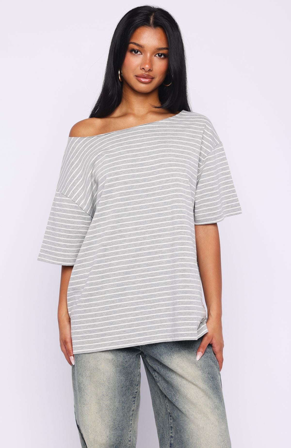 Give Me Options Off Shoulder Tee Grey\/White StripeXS/S