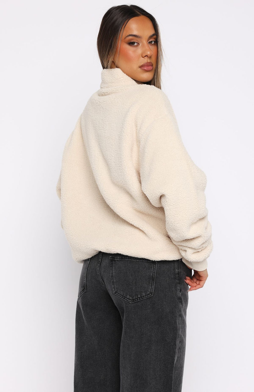 Hard To Stay Focused Teddy Borg Zip Front Sweater CreamM/L
