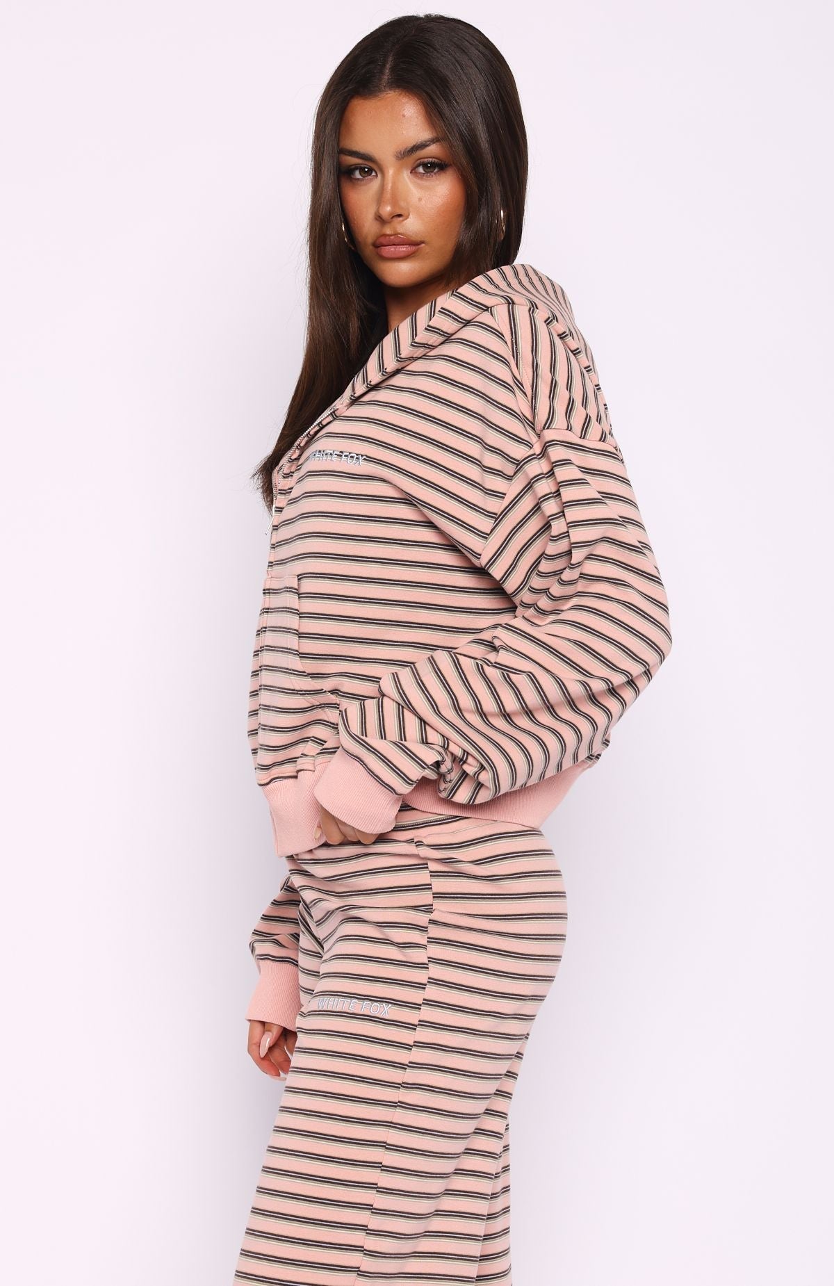 Looking Back Boxy Zip Front Hoodie Pink StripeM/L